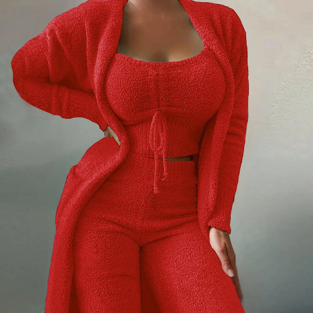 Matching 3-piece women's lounge set with knit cardigan, cami, and pants. Effortless style and ultimate comfort.