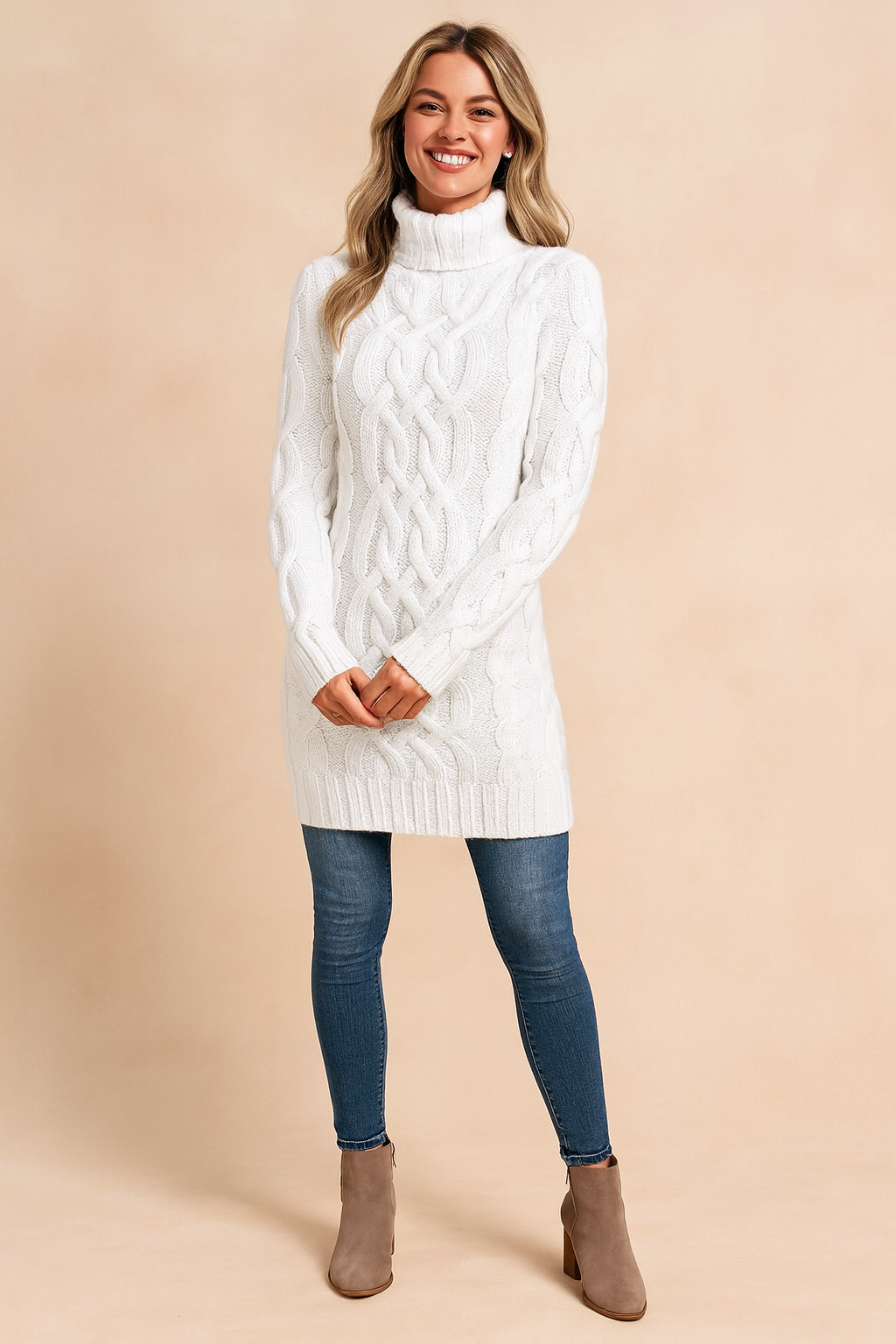Stylish midi length cable knit turtleneck sweater dress for women.