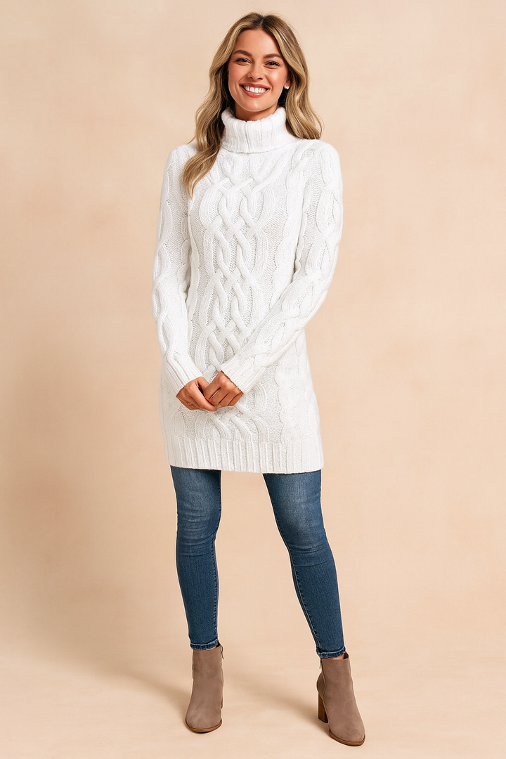 Stylish midi length cable knit turtleneck sweater dress for women.