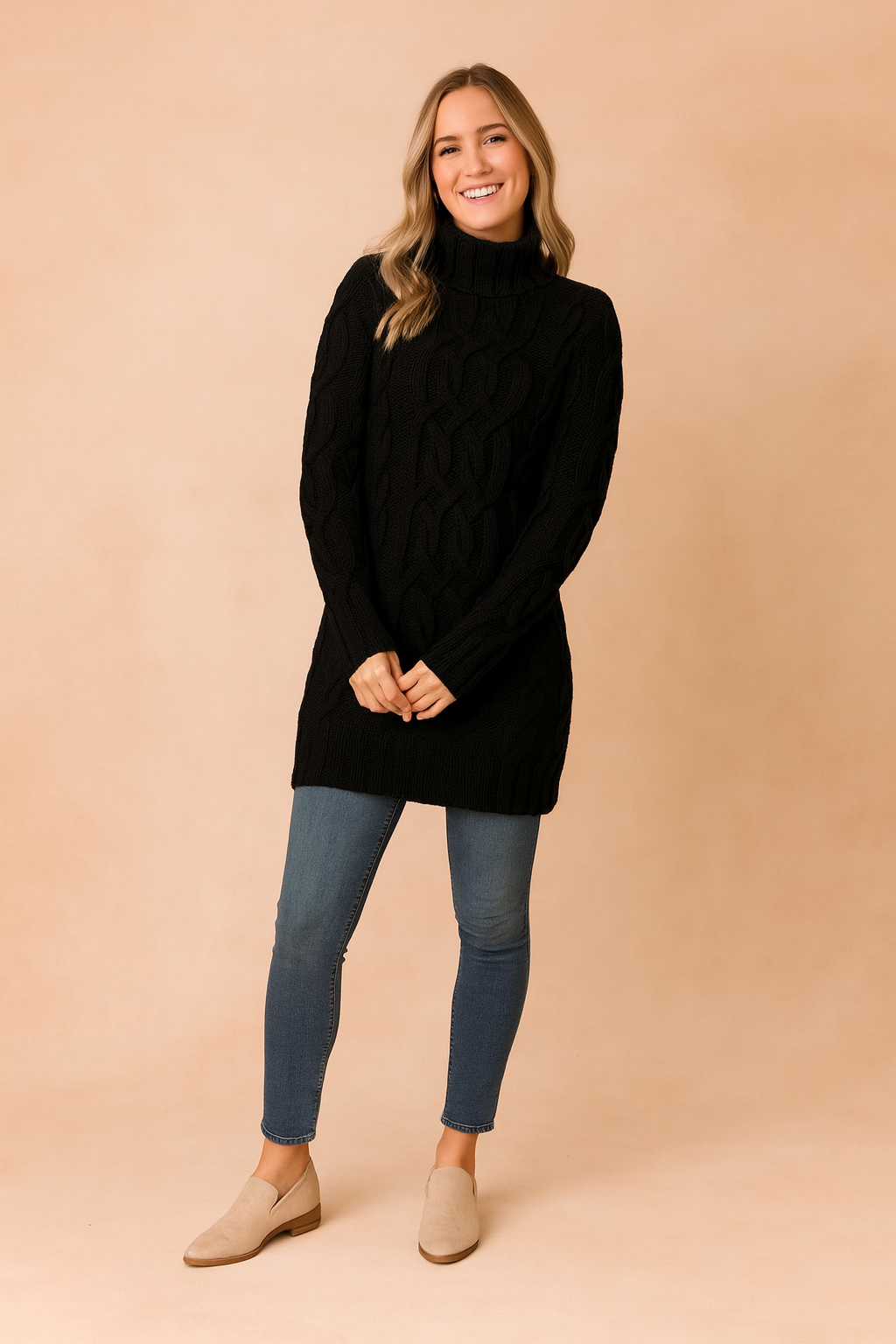 Braided knit pattern on a warm and cozy women's turtleneck dress.