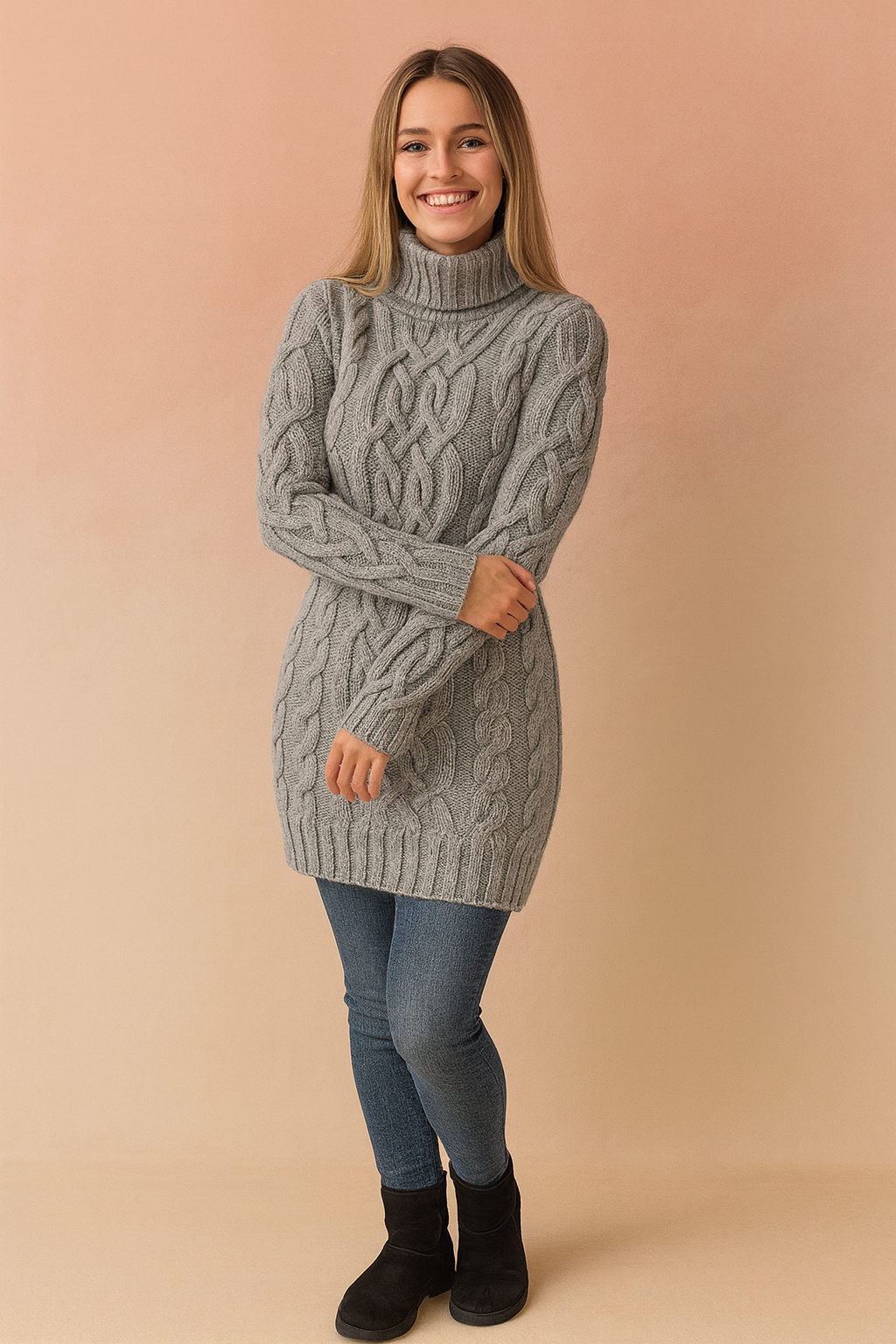 Versatile winter dress: women's cable knit turtleneck sweater.