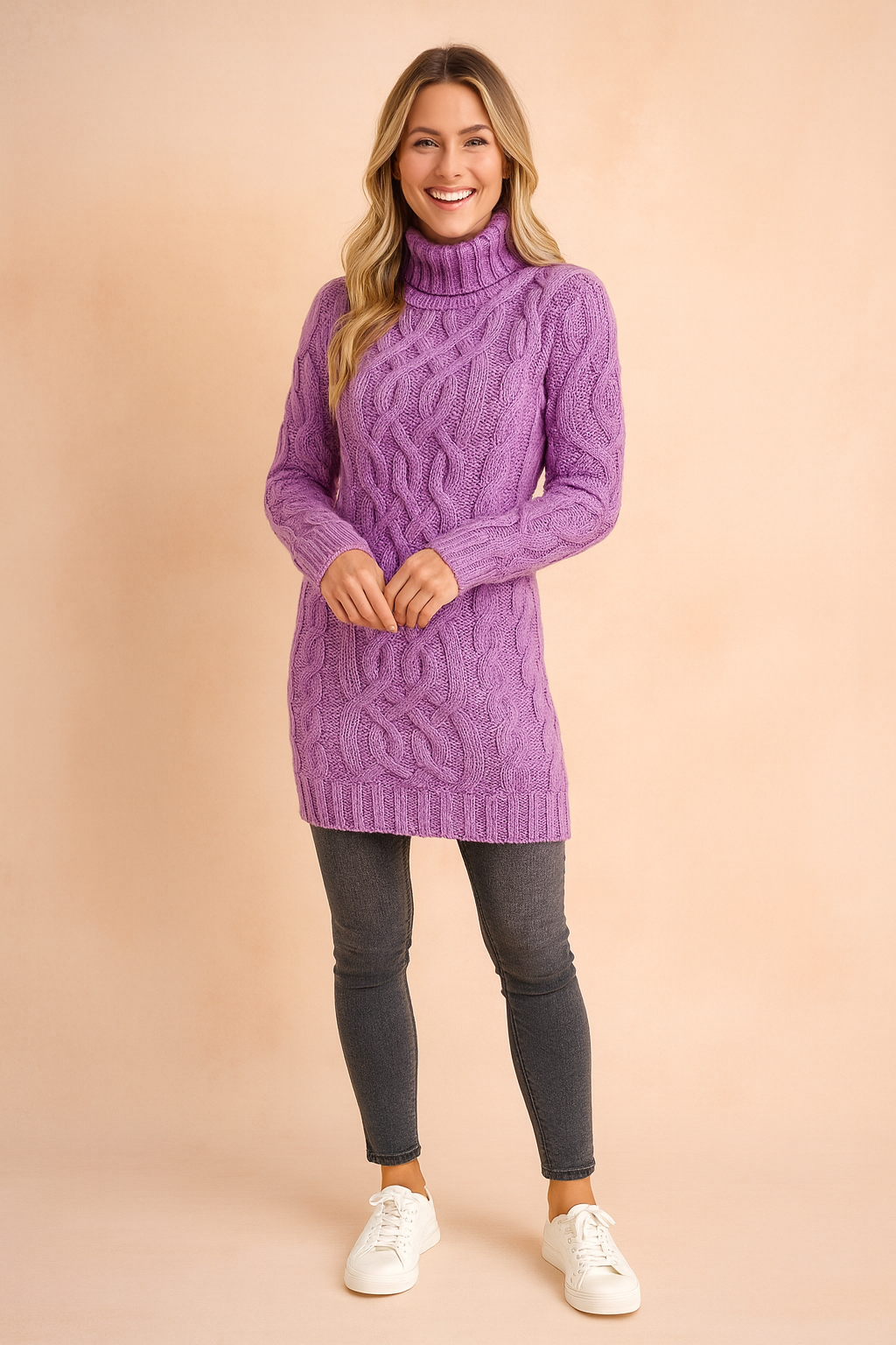 Model wearing a long sleeve, midi women's turtleneck sweater dress.