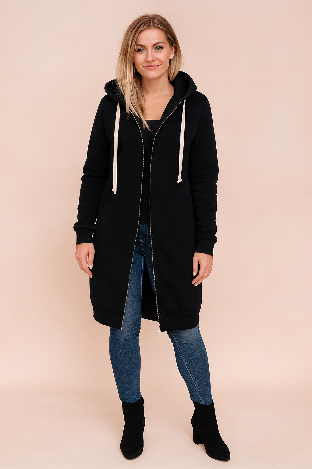 Women's cozy long sweater for fall & winter. Elegant & warm everyday wear.