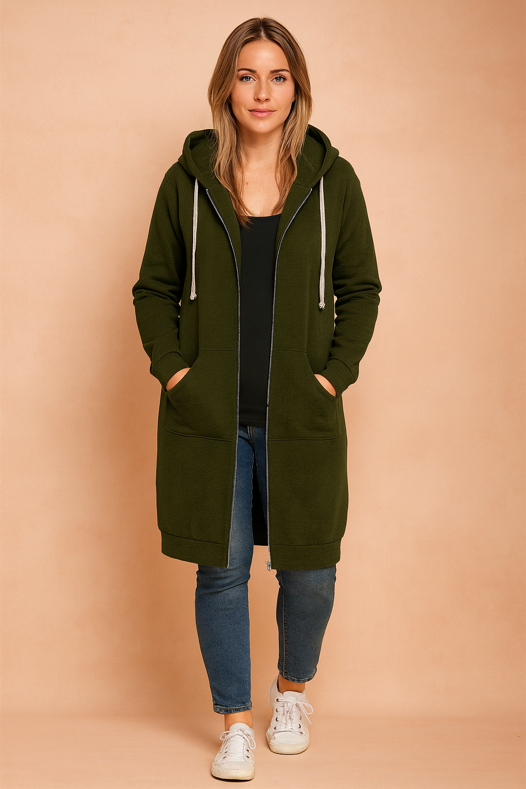 Elegant women's long sweater, perfect for fall fashion. Cozy & warm.