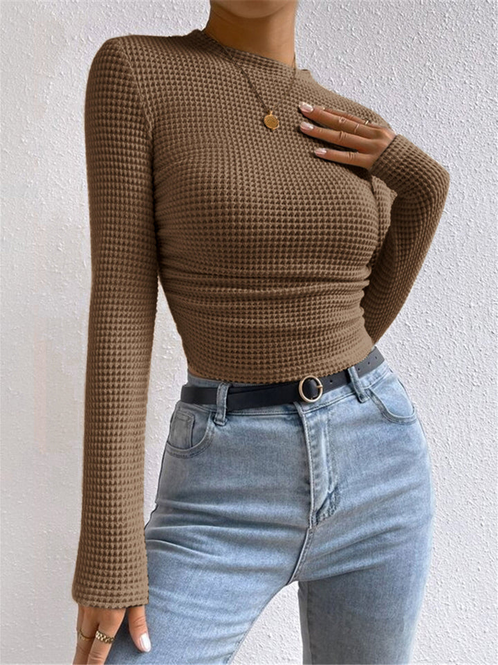 Soft & cozy women's waffle knit long sleeve top, perfect for casual everyday autumn/winter style.