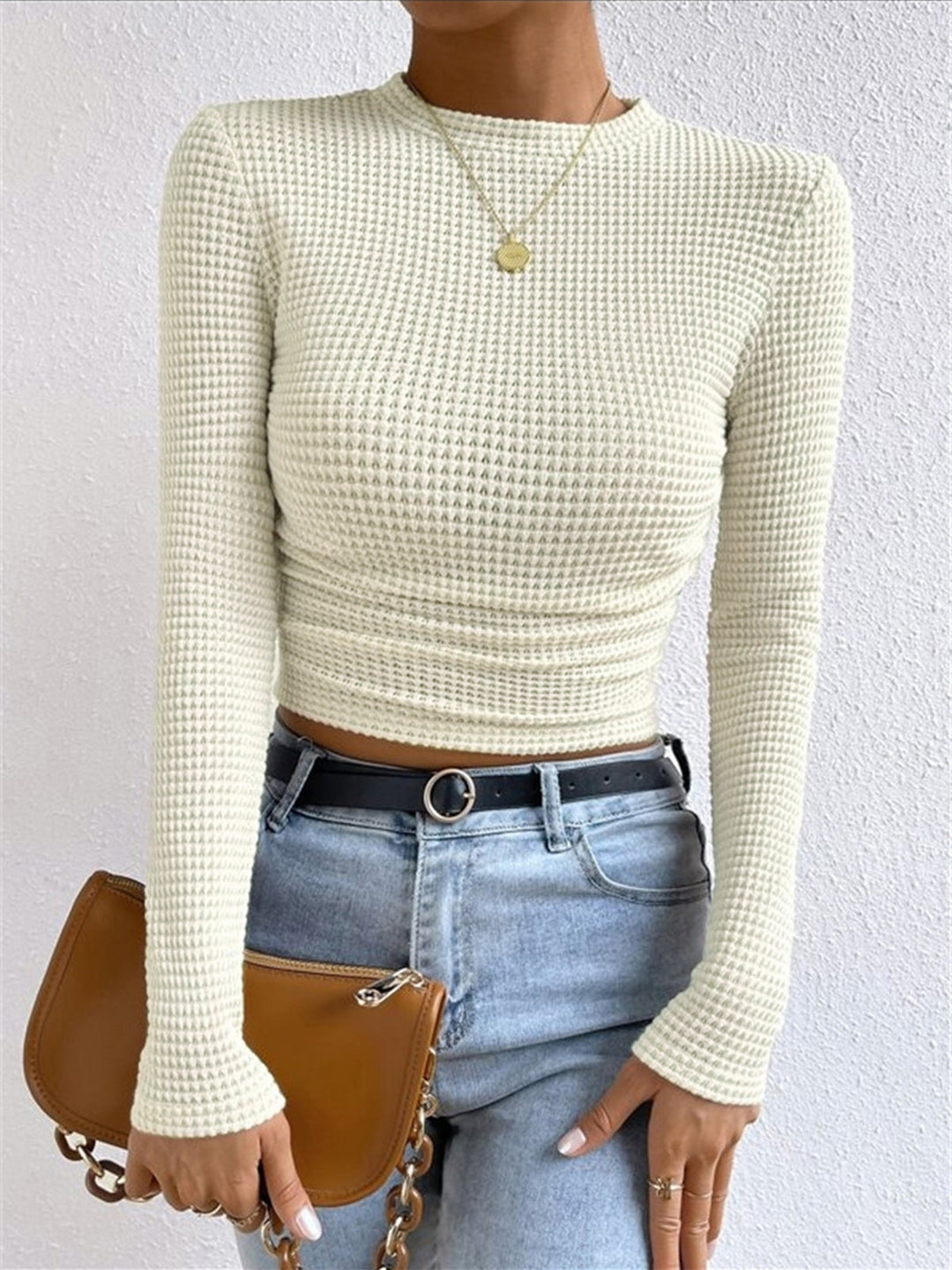 Soft waffle knit long sleeve top for women, perfect for cozy everyday wear & comfort.