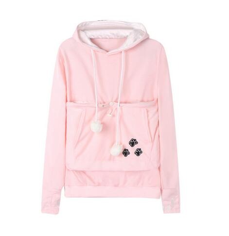 Pet-friendly women's hoodie featuring a secure cat pouch for carrying and bonding with your cat.