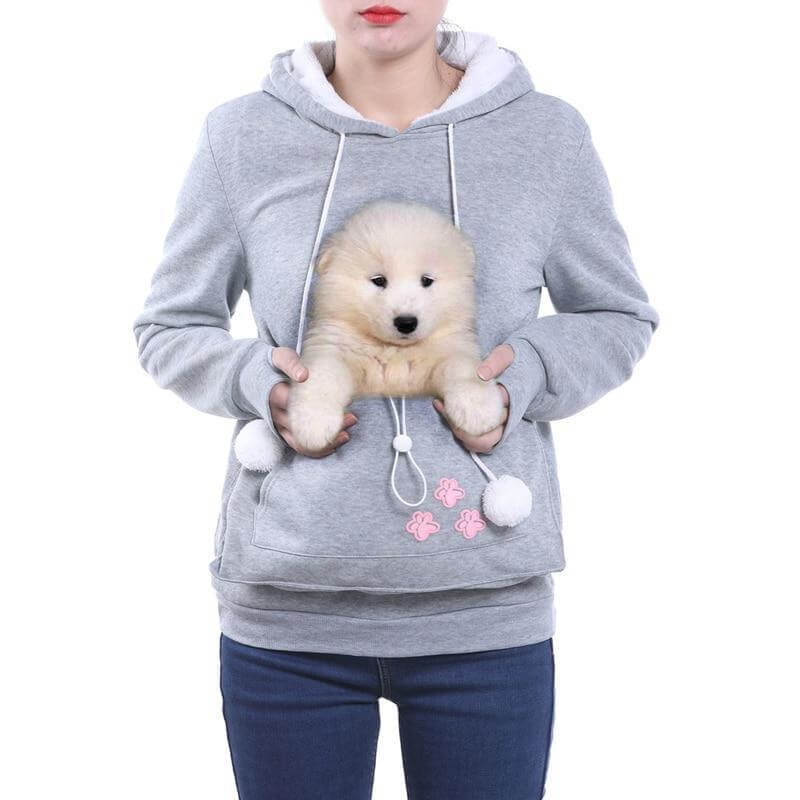 Stylish women's loungewear hoodie with a practical cat carrier pouch, ideal for animal lovers.