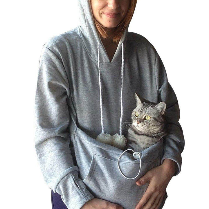 Gift for cat owners: comfortable women's hoodie with a cozy pouch for carrying their pet cat.