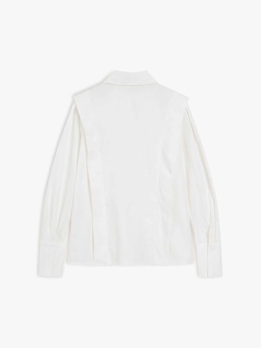 Front view of a women's crisp button-down shirt, showcasing its tailored fit.