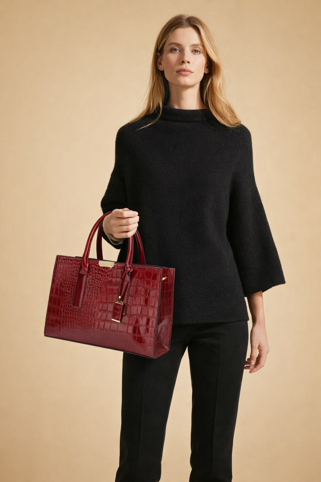 Elegant women's structured work tote bag with croc-embossed faux leather. A versatile and fashionable shoulder handbag.