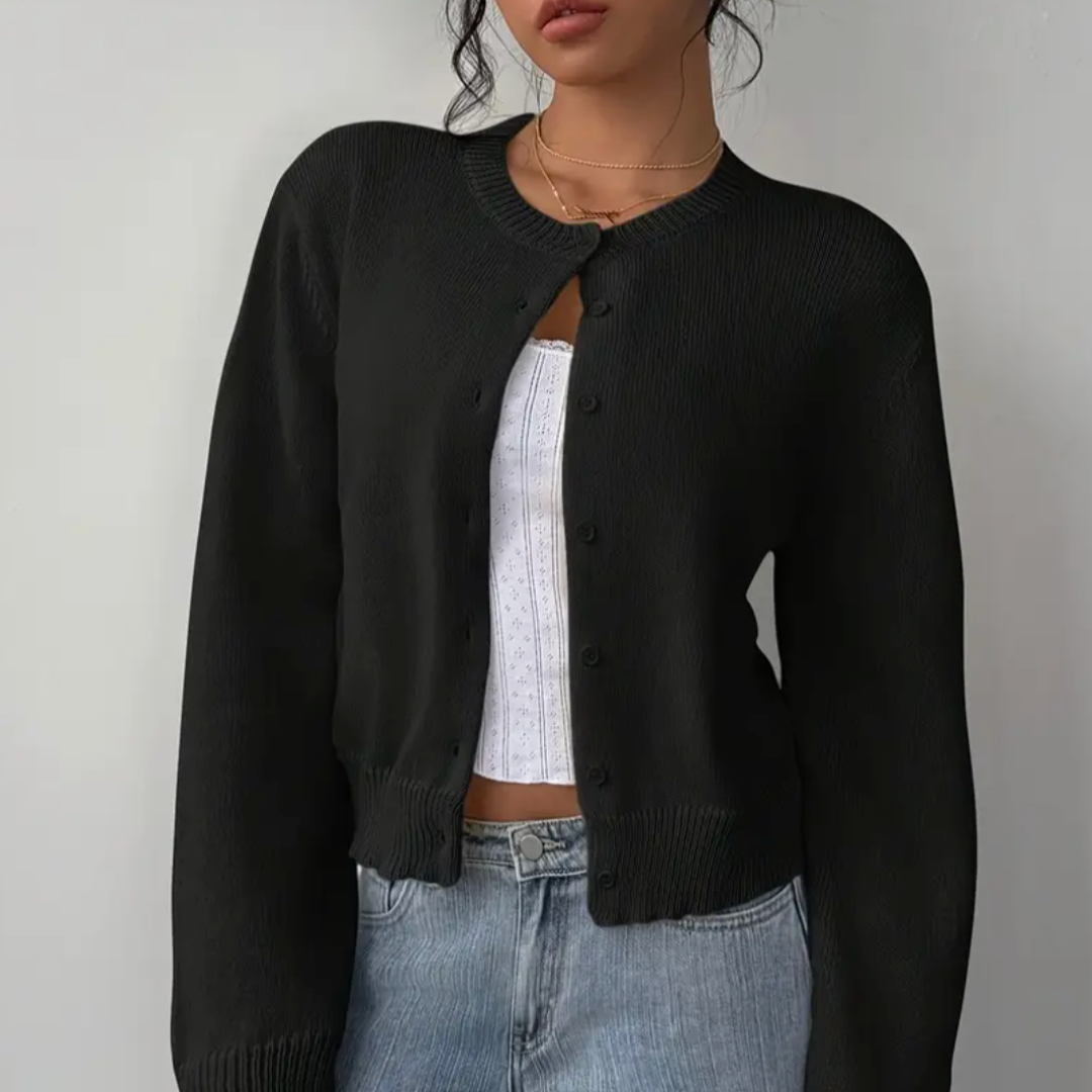 Women's cropped cardigan with ribbed trim & button front, perfect for everyday chic layering.
