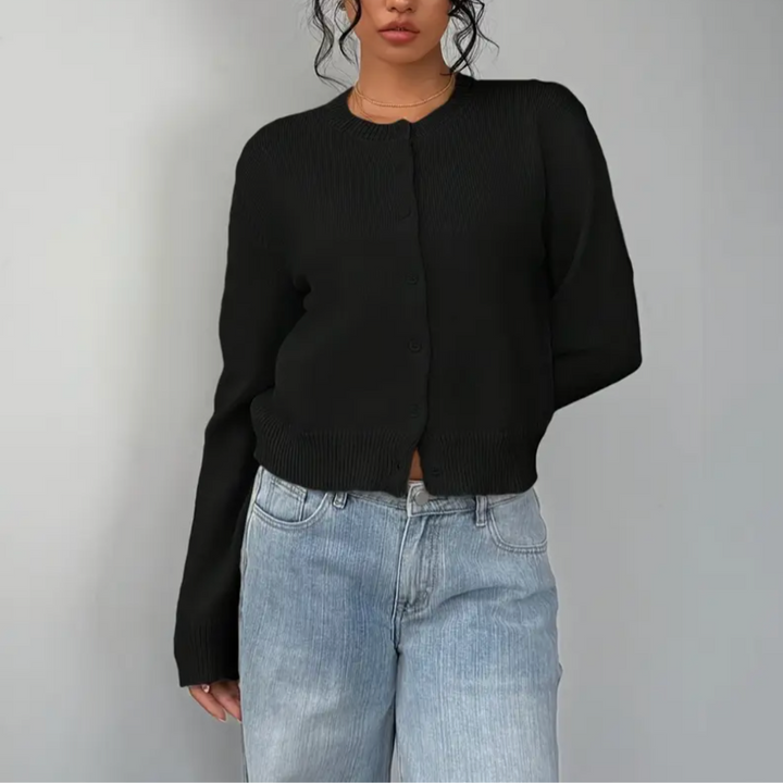 Chic cropped cardigan for women, with elegant ribbed trim & functional button-front closure.