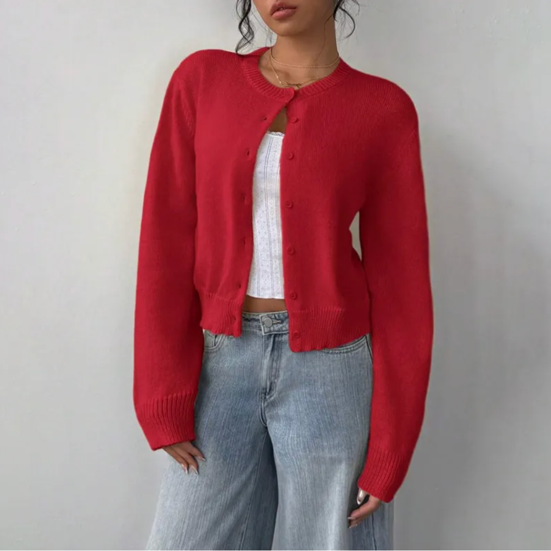 All-season women's cropped cardigan, ideal for layering with ribbed trim & classic buttons.