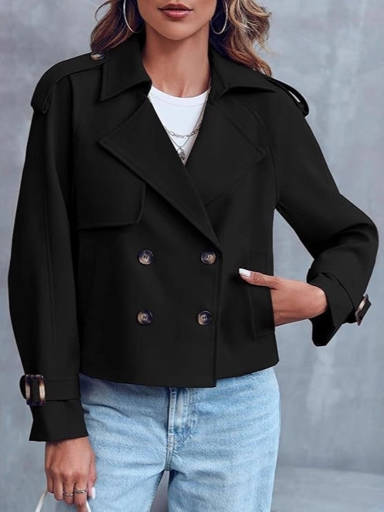 Classic short double-breasted trench coat for women, a must-have stylish outerwear piece.