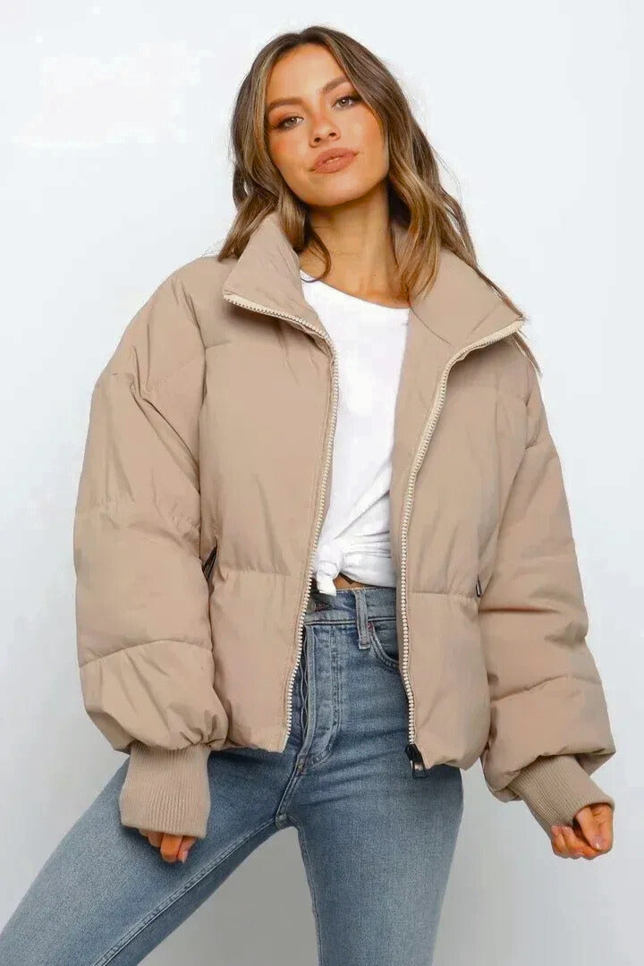 Women's cropped quilted puffer jacket, short winter coat.