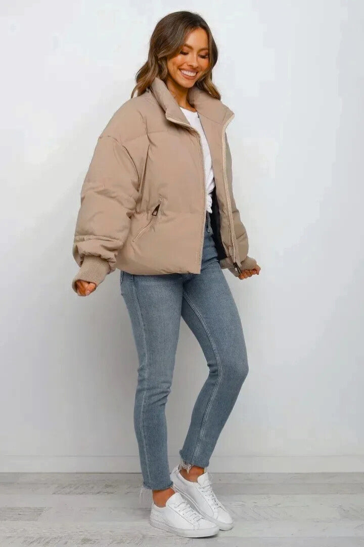 Cozy women's short winter coat, quilted puffer style.