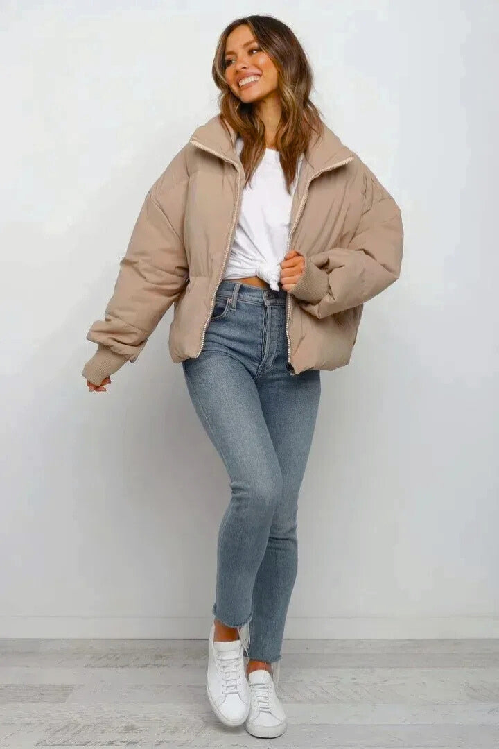 Stylish casual outerwear: women's cropped zip puffer jacket.