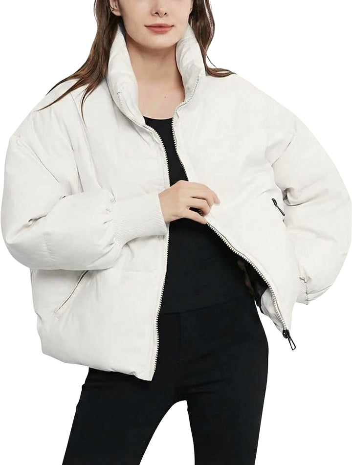 Women's casual zip-up cropped puffer jacket in winter style.