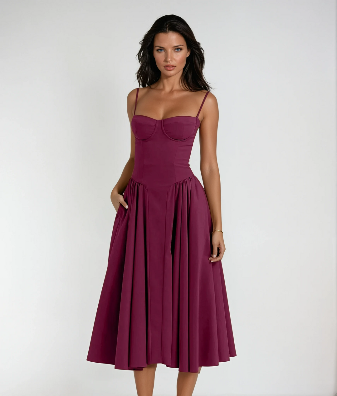 Women's cute corset midi cocktail dress with gathered skirt