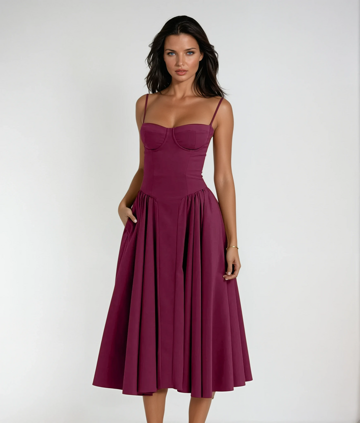 Women's cute corset midi cocktail dress with gathered skirt