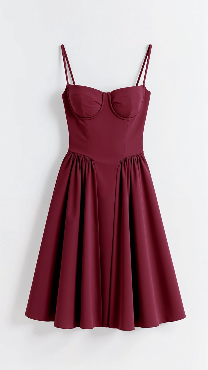 Close-up of corset bodice on elegant women's cocktail midi dress