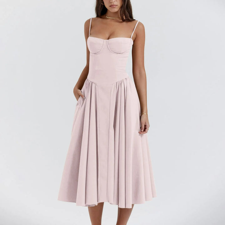 Elegant women's party dress featuring a gathered skirt and corset top