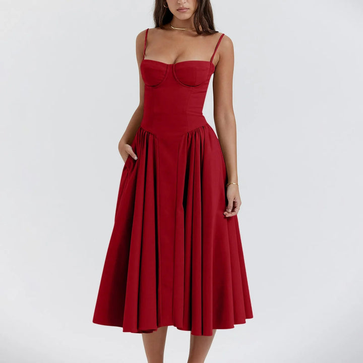 Versatile midi dress for celebrations, with sophisticated corset design