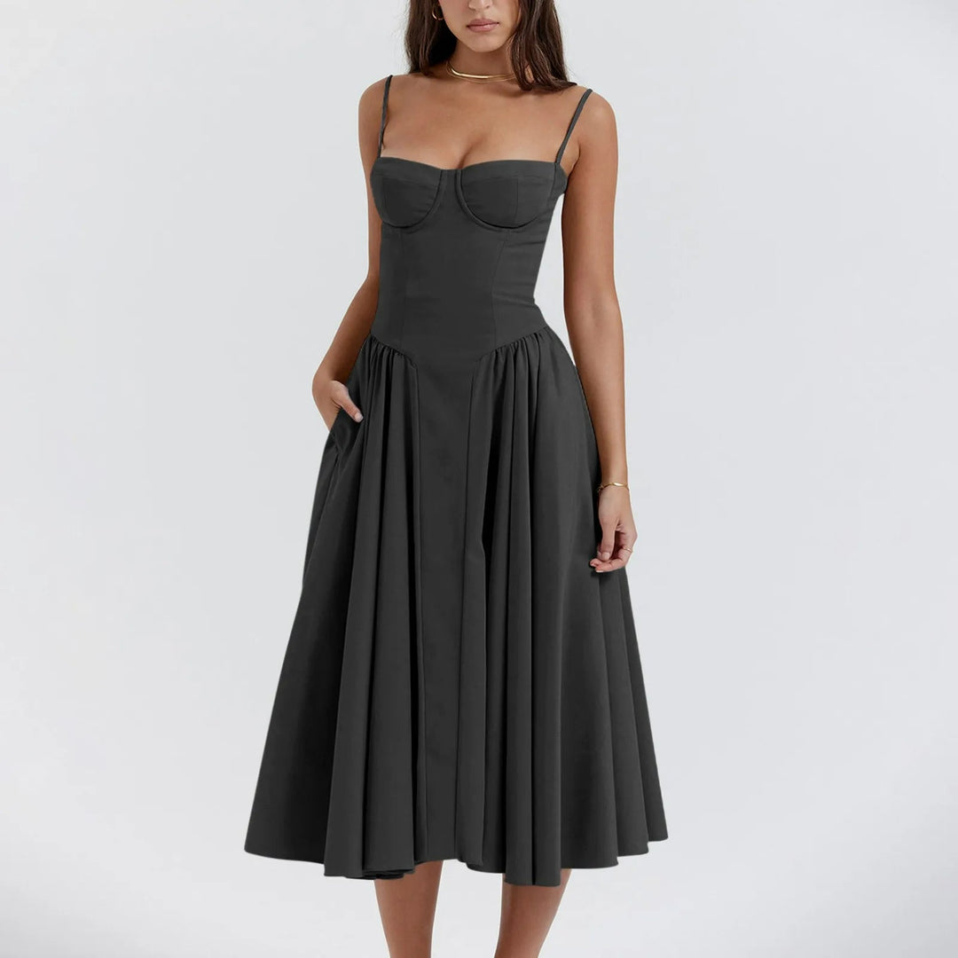 Fashionable women's cocktail dress with a trendy corset bodice