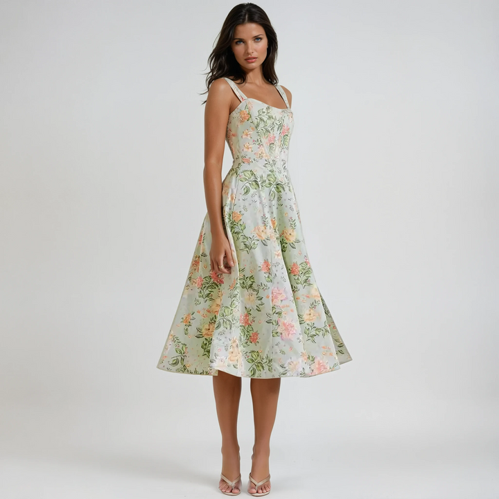 Women's Dahlia floral midi dress, perfect for parties & brunches. Elegant summer fashion.