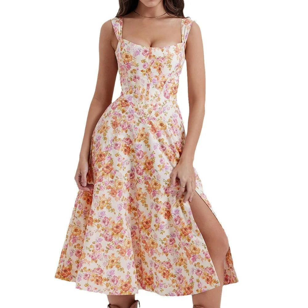 Green & orange Dahlia floral midi dress for women. Stylish party & brunch outfit.