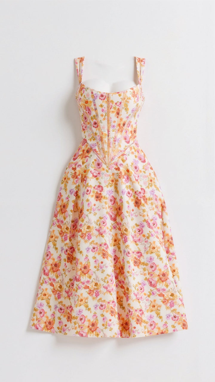Vibrant orange & green Dahlia floral midi dress for women. Elegant party & summer fashion.