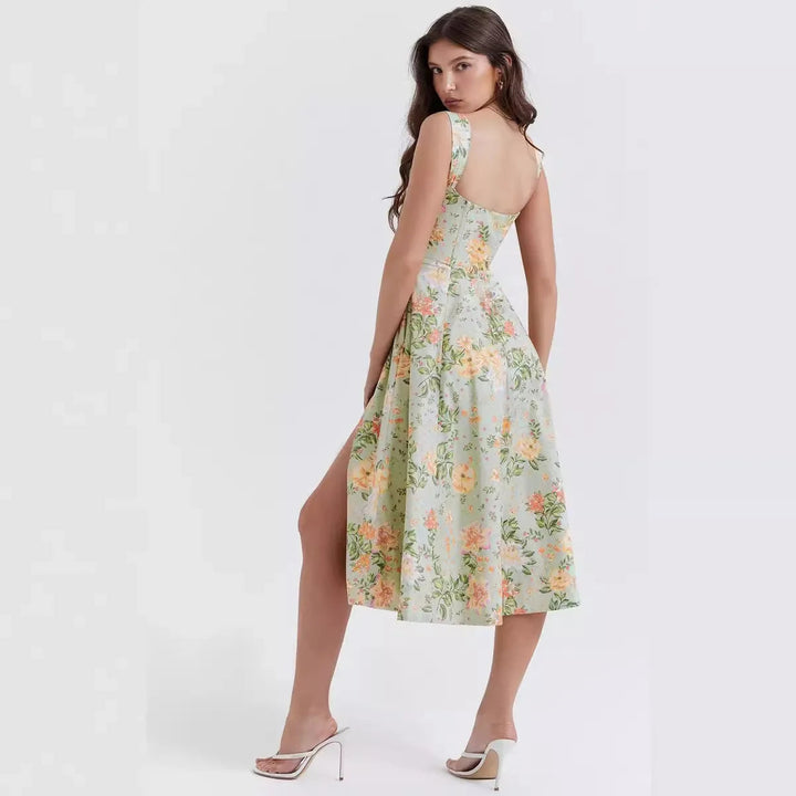 Versatile women's floral midi dress; suitable for summer parties, brunches, and elegant events.
