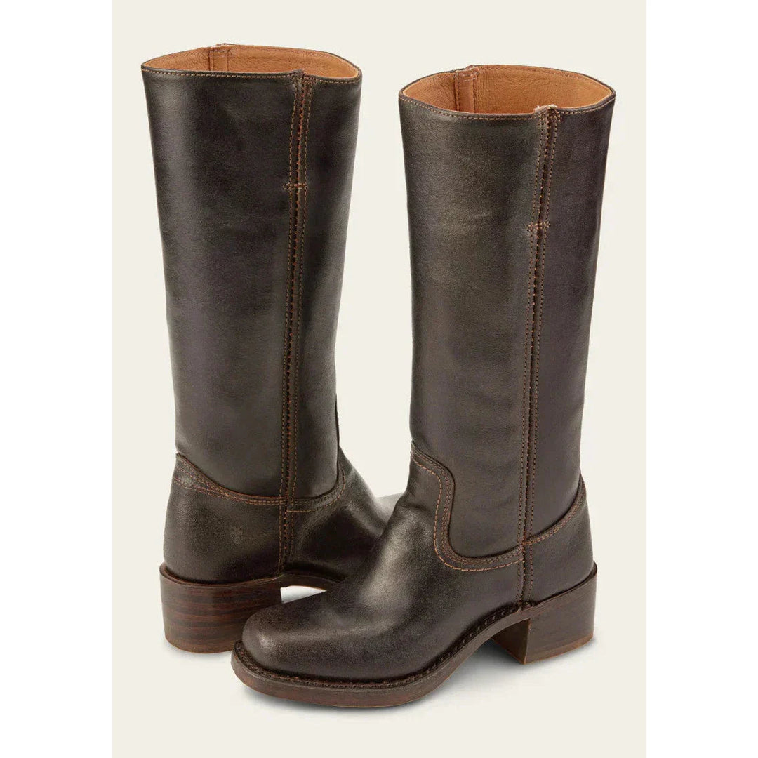 Women's dark brown knee-high cowboy boots with intricate western stitching
