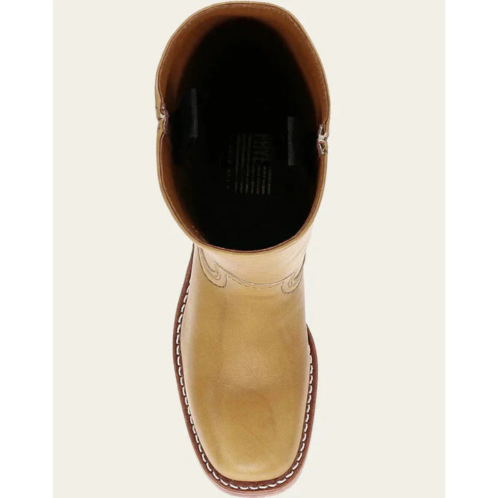 A pair of new women's dark brown knee-high cowboy boots on display