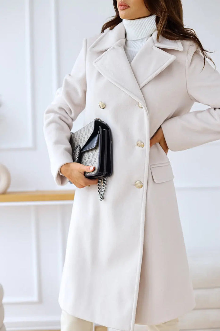 Fall/winter women's double-breasted long tailored coat with elegant gold buttons, a sophisticated jacket.