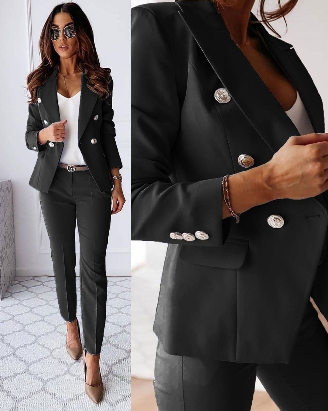 Women's double-breasted tailored fit suit set in navy blue, perfect for business attire.
