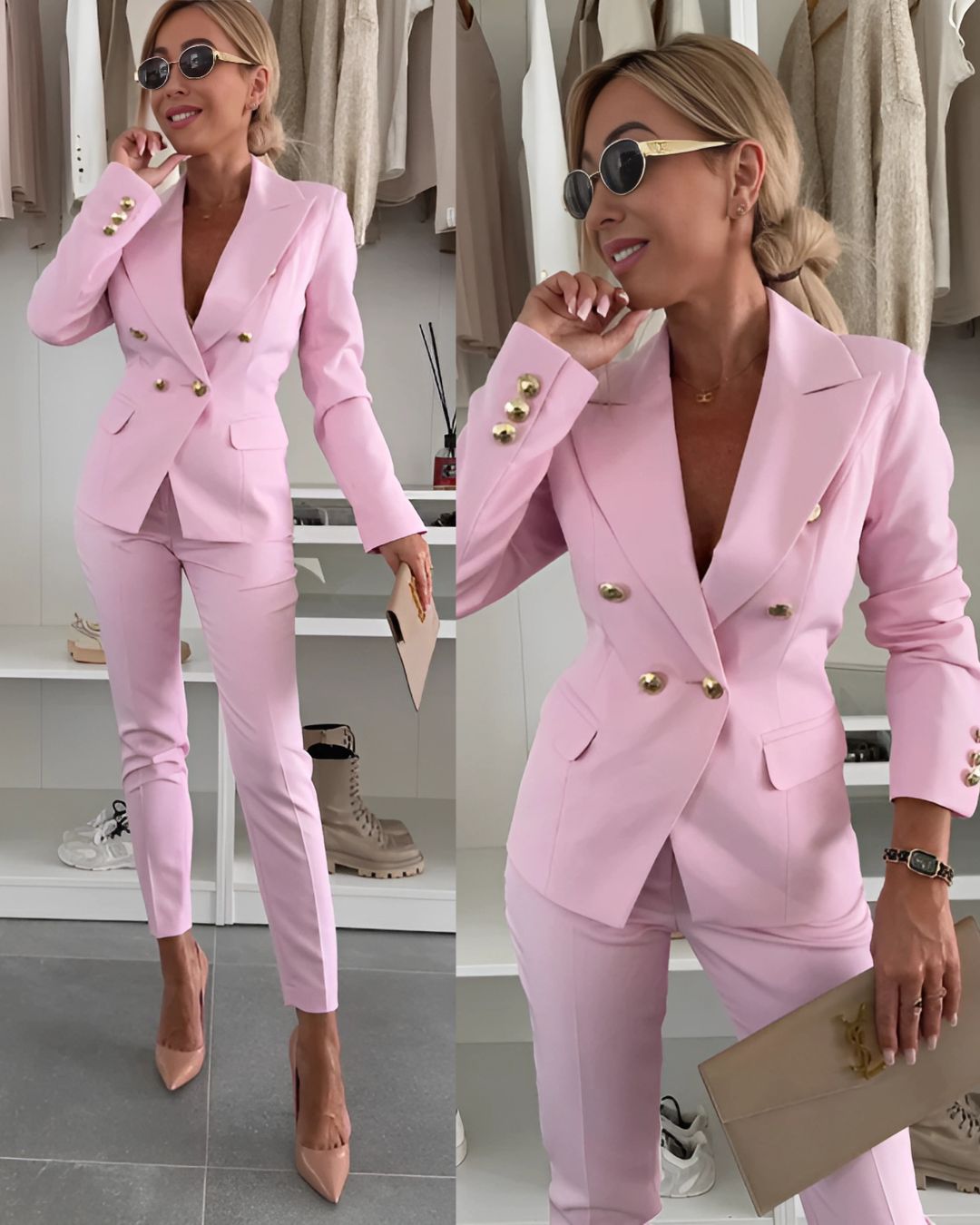 Detailed view of the buttons on a women's tailored fit double-breasted suit set.