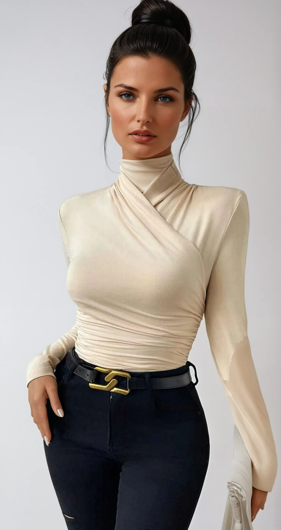 Women's draped crossover long sleeve top in black, perfect evening wear.