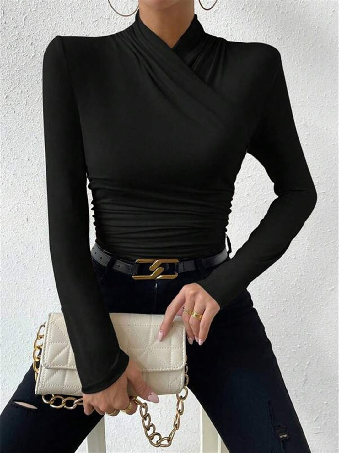 Must-have wardrobe essential: women's long sleeve draped crossover top.