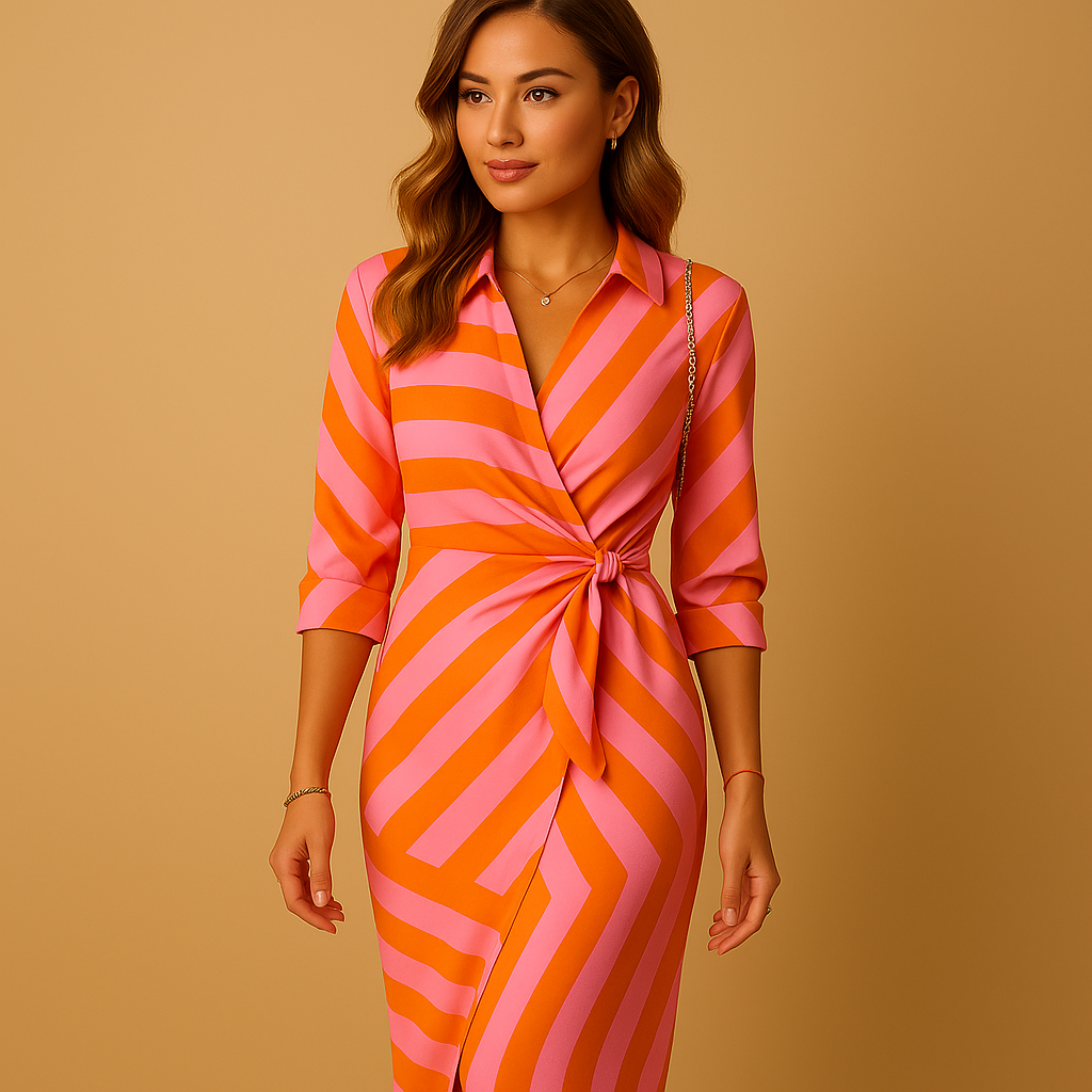Women's effortless collared wrap dress, lightweight & stylish. Perfect midi for spring & summer occasions.