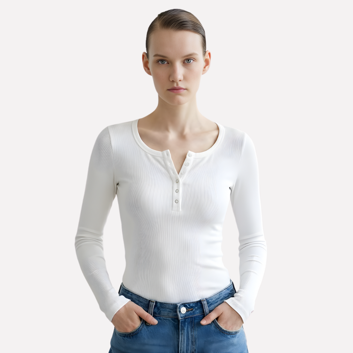 Women's effortless ribbed long sleeve Henley top, perfect for casual everyday comfort and versatile fall fashion.