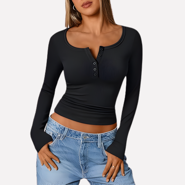 Chic ribbed long sleeve Henley top for women with button detail, ideal for versatile casual wear and everyday style.