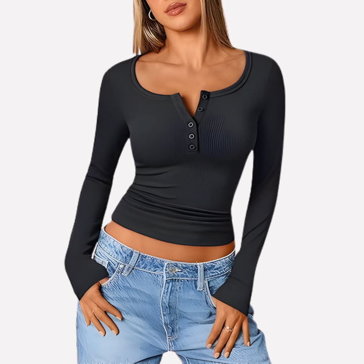 Soft ribbed Henley long sleeve top for women, a comfortable basic for fall & winter fashion, easy to style.