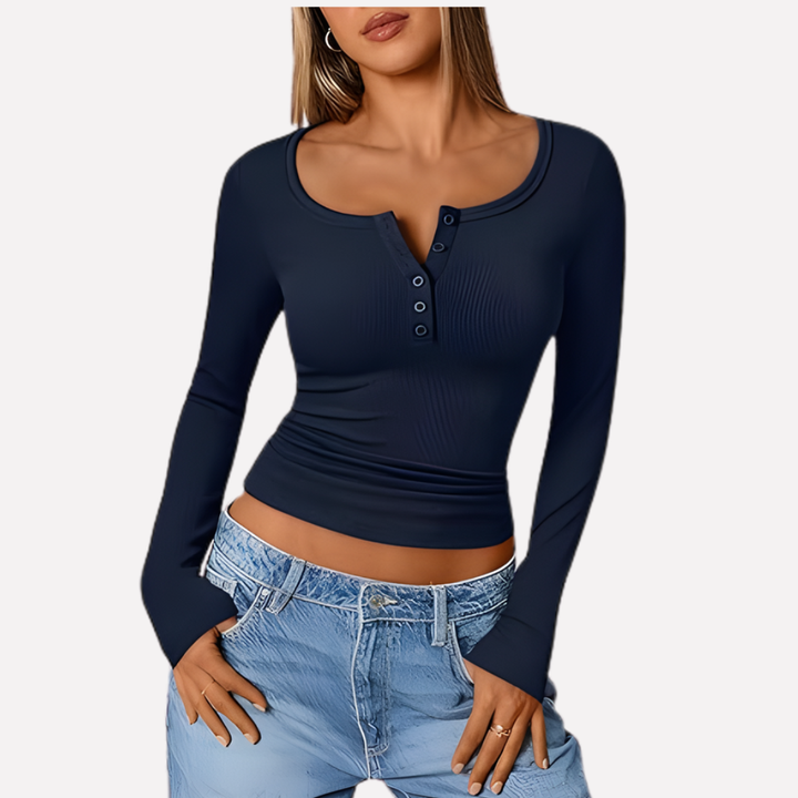 Stylish women's ribbed long sleeve Henley top, a versatile piece for casual wear and chic everyday fashion looks.