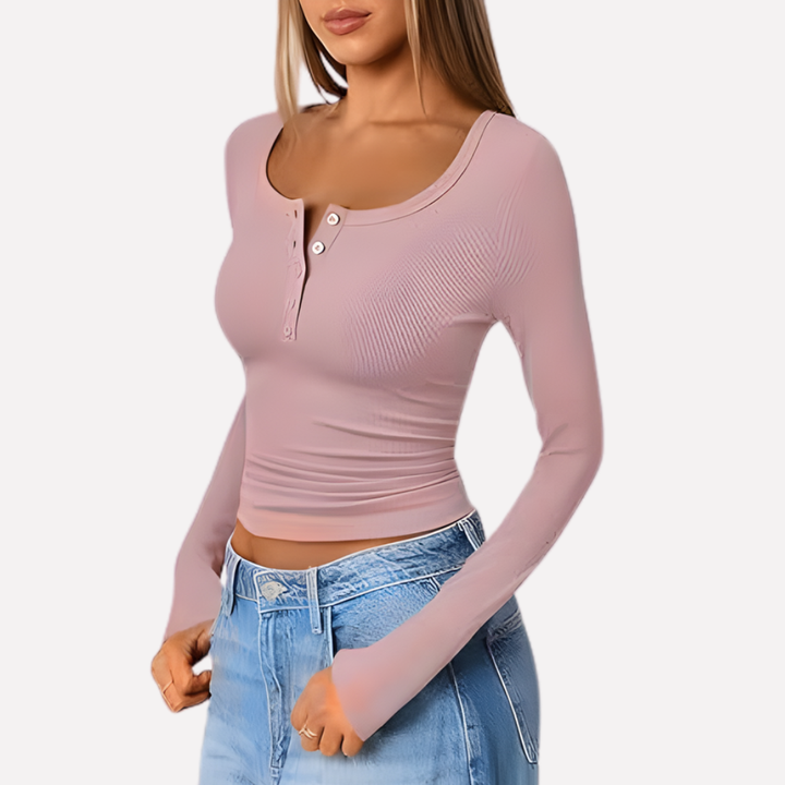 Cozy ribbed long sleeve Henley top for women, providing warmth and comfort for fall and winter basic layering.