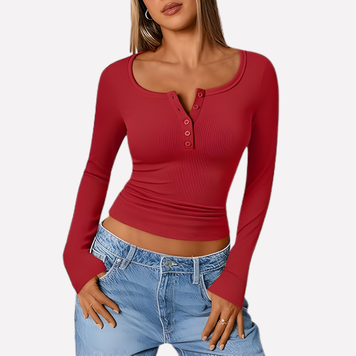 Women's comfy long sleeve ribbed Henley top featuring classic button detail for a relaxed, chic casual look.