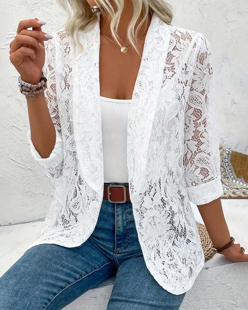 Women's elegant black lace trim blazer, sophisticated formal workwear jacket