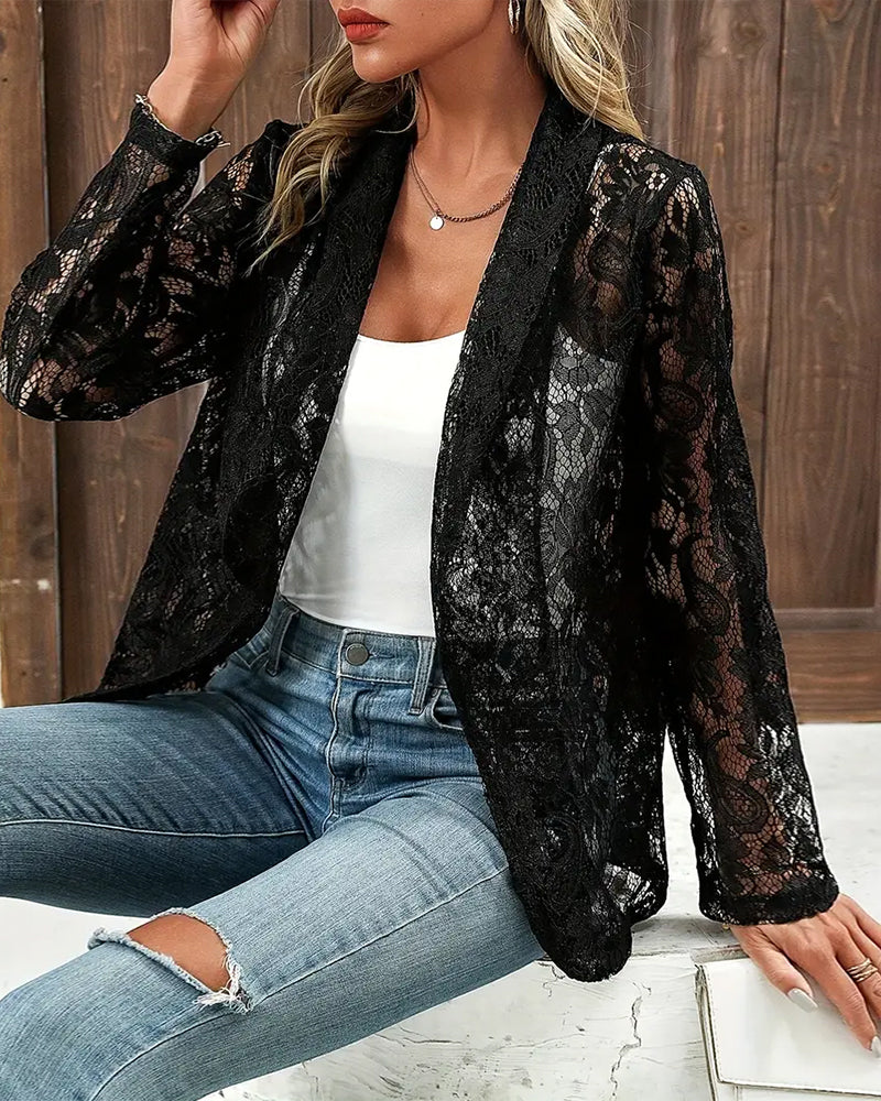 Chic women's petite lace trim blazer, perfect for spring and summer elegant style