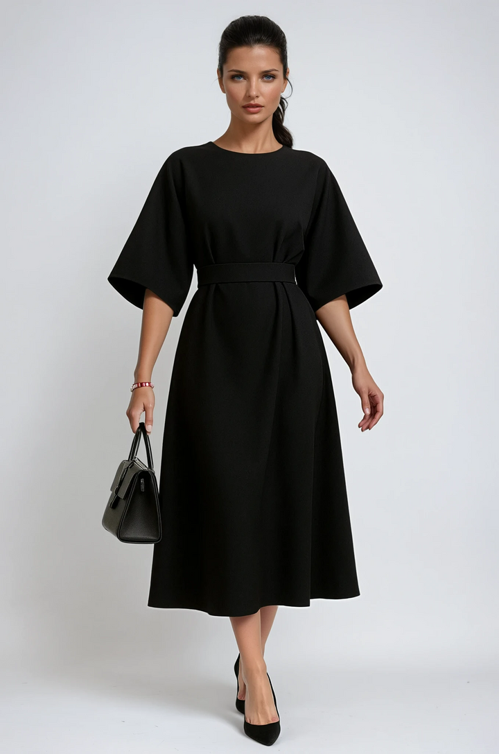 Women's elegant crew neck midi work dress, perfect for professional settings.